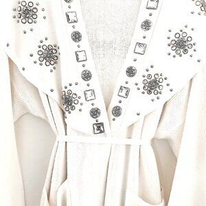 Cozy Creamy White Long Knit Cardigan with Rhinestones